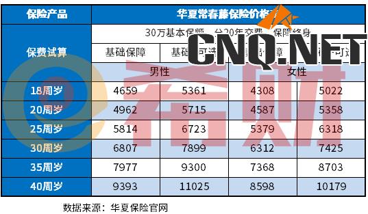 华夏常春藤保险价格表