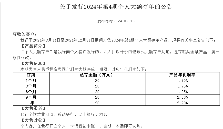 农商行大额存单利率多少？2024年5月在售大额存单利率？